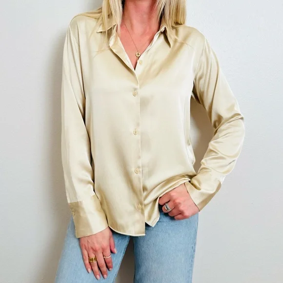 New Abercrombie & Fitch Cream Satin Elegant Long Sleeve Button Down Shirt - Picture 4 of 15